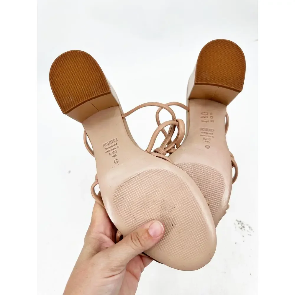 Schutz Princey Beige Strappy Block Heel Slip On Open Toe Sandals Size 9.5B - Picture 4 of 5